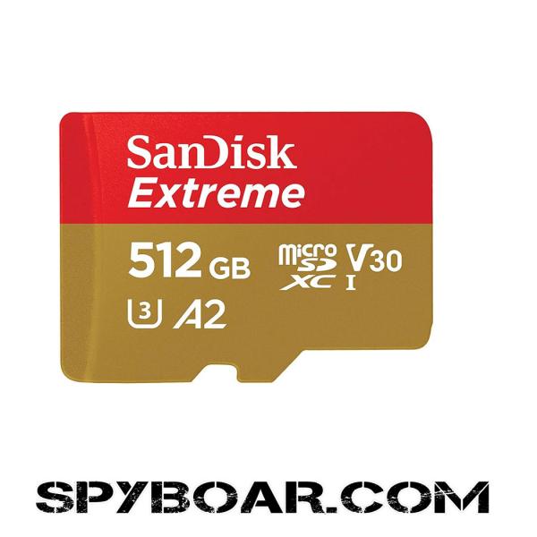 SanDisk Extreme microSDXC 512GB + SD адаптор + 1 година RescuePRO Deluxe до скорост 190MB/s & 130MB/s четене/запис A2 C10 V30 UHS-I U3