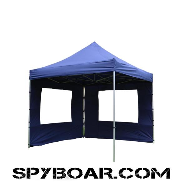 Blue aluminum folding tent with dimensions 3m x 3m with a height of passage 2.1 meters with 3 levels of height