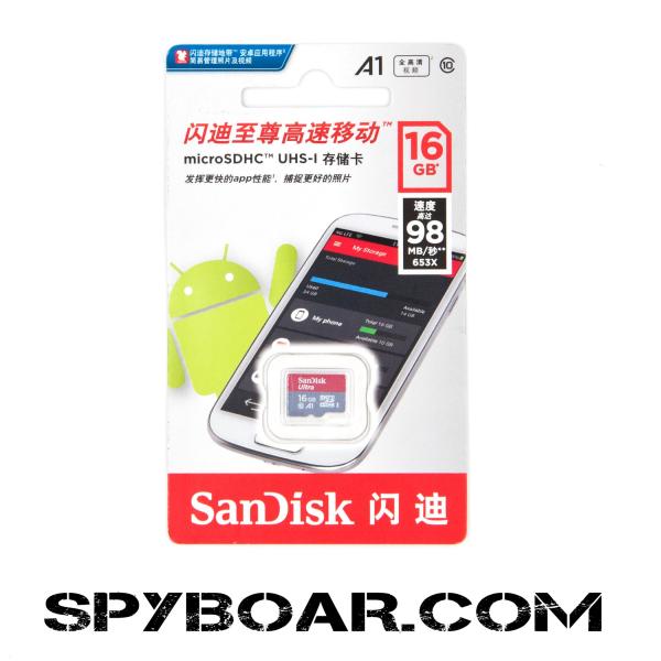 Micro SD Memory Card SanDisk Ultra – 16 GB class 10, transfer date rate 98 MB/s