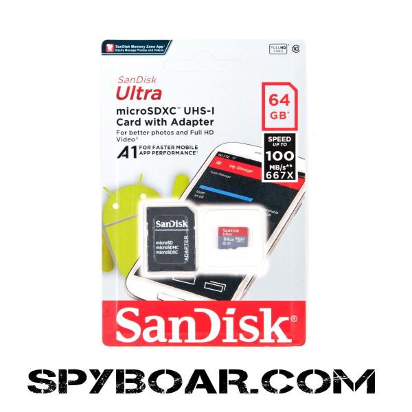 Micro SD карта памет SanDisk Ultra – 64 GB клас 10, с Адаптор